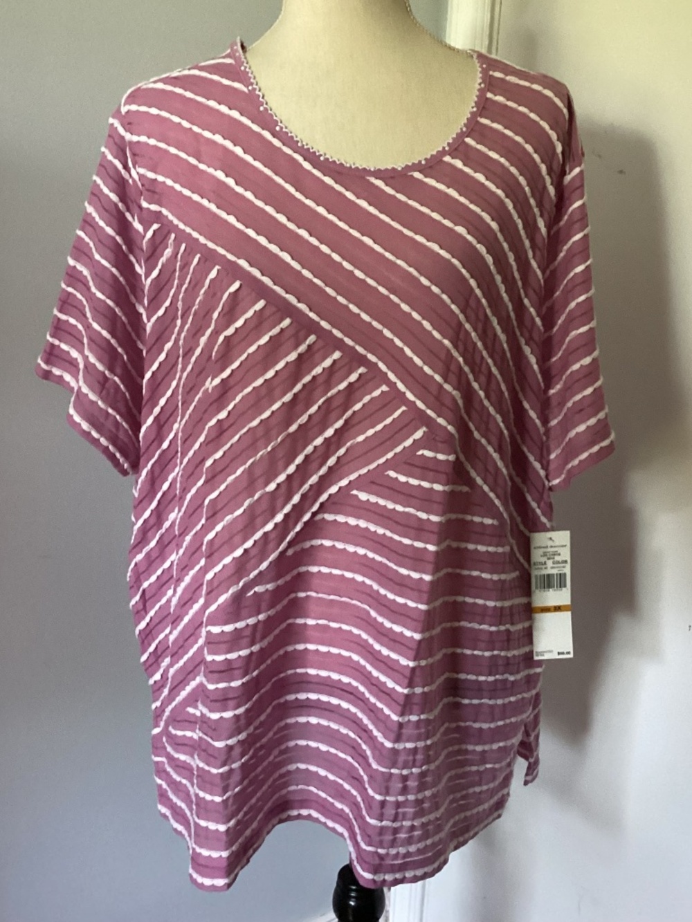 NWT ALFRED DUNNER 3X ORCHID SHORT SLEEVE TOP BLOUSE WHITE STRIPES